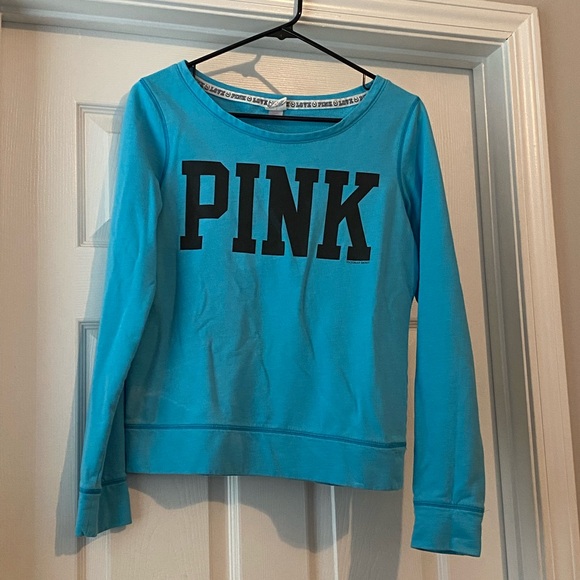 PINK Victoria's Secret Tops - PINK Victoria's Secret Teal Blue Logo Sweatshirt